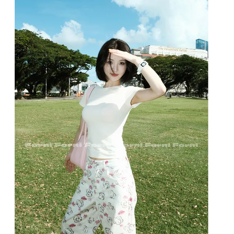 FORNI 金姐半永久T 春季新款修身打底衫纯色短款正肩短袖T恤女