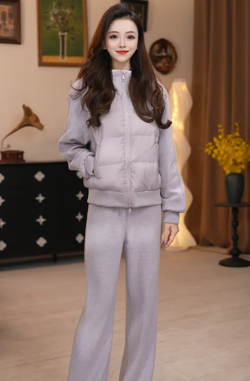休闲风时尚套装女士连帽加厚羽绒上衣秋冬套装