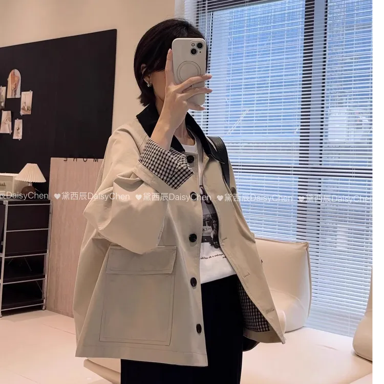 格纹复古撞色灯芯绒拼接夹克外套小个子休闲显瘦减龄百搭通勤女