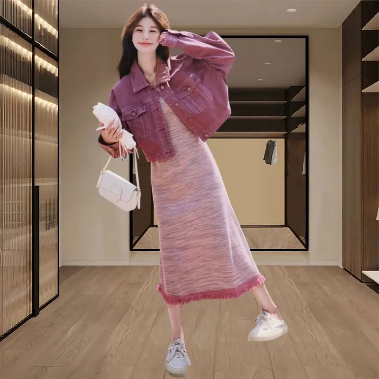 韩系穿搭一整套牛仔外套吊带裙女2025春秋新款针织连衣裙两件套潮