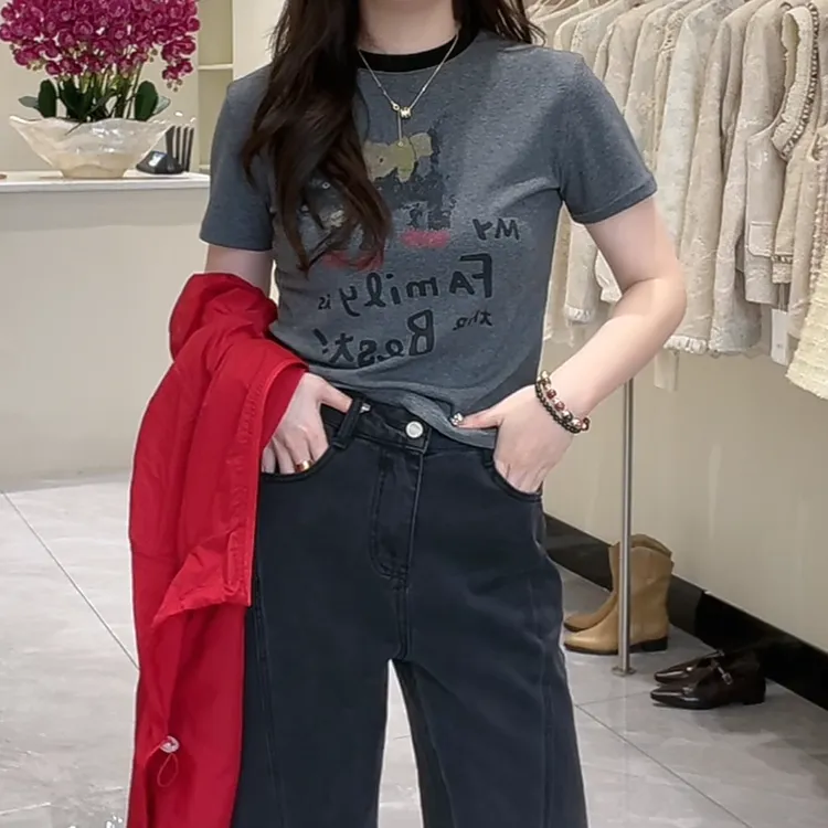 设计感撞色印花灰色短袖T恤女2025新款夏季百搭显瘦休闲圆领上衣