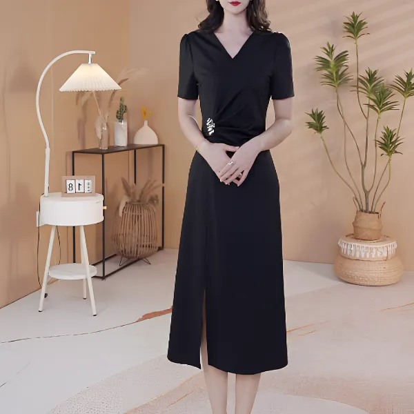 AXY1258#夏季新品优雅时尚收腰气质显瘦黑色短袖连衣裙轻奢小黑裙