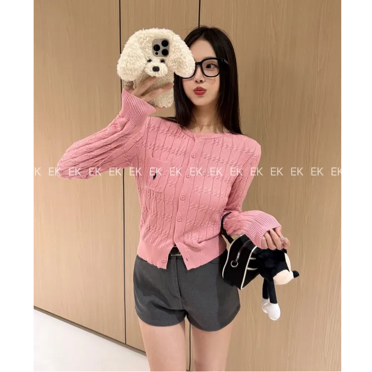 韩系甜辣妹坑条纹理圆领针织开衫女秋冬修身短款刺绣上衣295