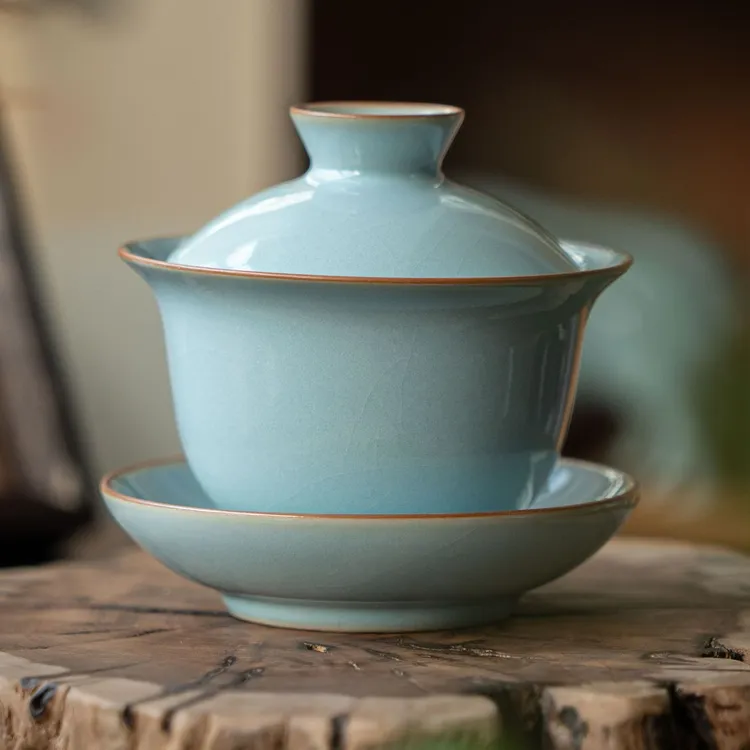 简匠 汝窑三才元宝盖碗功夫茶具陶瓷冰裂纹开片可养汝瓷盖碗150cc