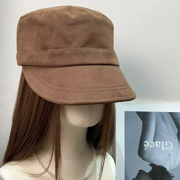 日系复古麂皮平顶马术帽子女25秋冬新款百搭宽檐显脸小棕色贝雷帽