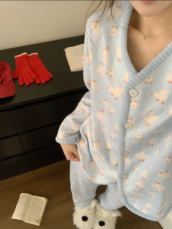 空气棉夹层睡衣女秋冬季加厚长袖套装卡通可爱少女保暖家居服