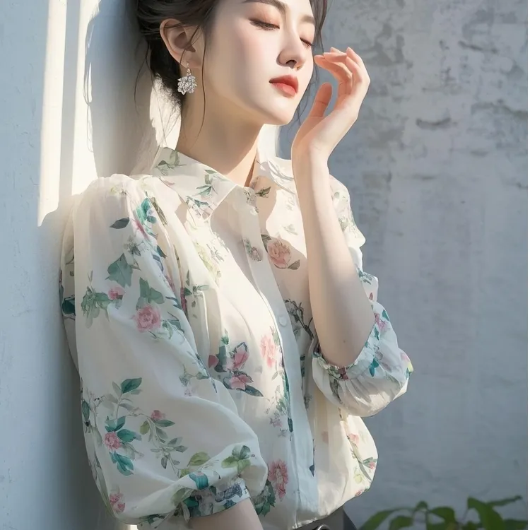 2025新款时尚印花雪纺春夏季法式别致气质上衣碎花衬衫女中袖衬衣