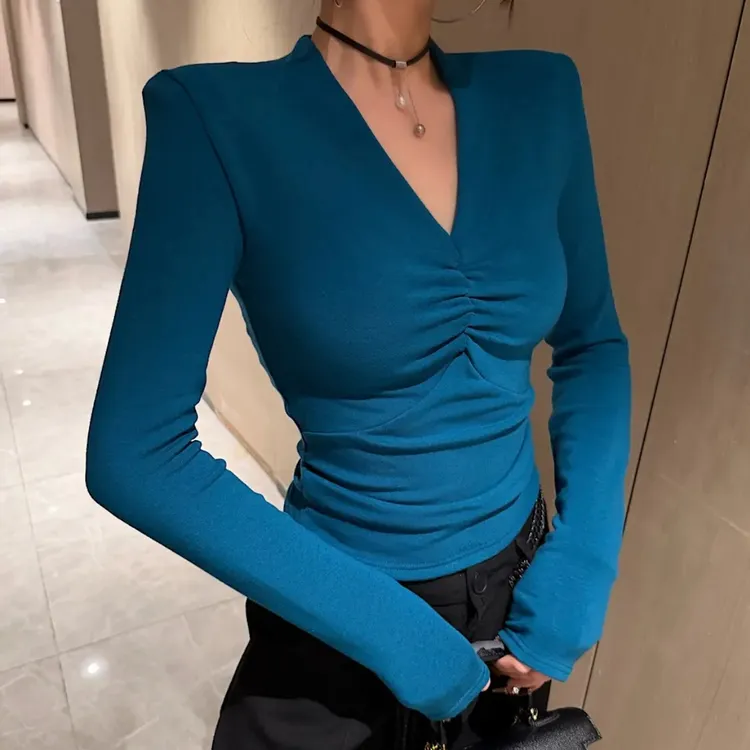 美式性感辣妹风V领长袖T恤女2025秋冬新款设计感修身显瘦磨毛上衣