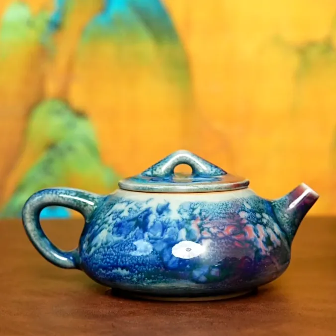  原矿原产地钧瓷喝茶玉石釉水墨丹青茶具茶杯茶壶送礼礼盒手工壶