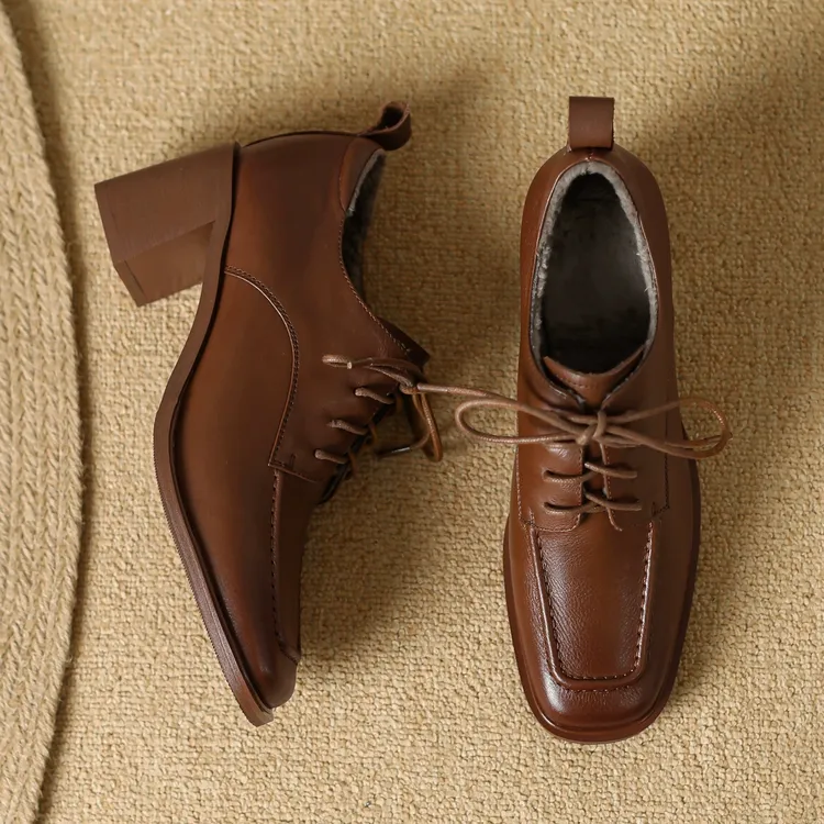 AACCK复古方头加绒单鞋冬季粗高跟系带英伦风真皮深口女鞋