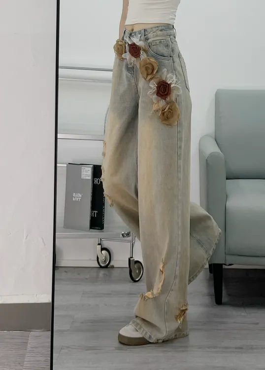 可拆卸花朵直筒阔腿夏季新款辣妹水洗做旧美式拖地裤子牛仔裤潮女