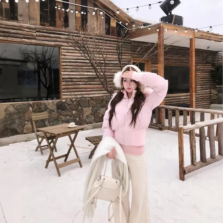 2025粉色服棉服女新款冬季毛领加厚小个子短款棉衣保暖棉袄外套潮