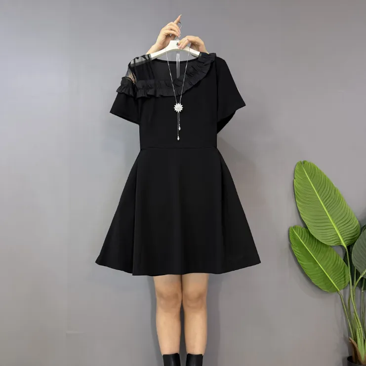 新款大码女装时尚洋气网纱拼斜领收腰显瘦连衣裙