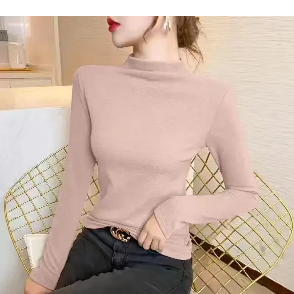 早春秋纯色保暖女内搭修身半高领显瘦长袖上衣洋气休闲德绒打底衫