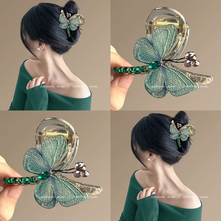 清荷蝶影~气质复古风刺绣蝴蝶抓夹后脑勺半扎发鲨鱼夹发饰盘发器