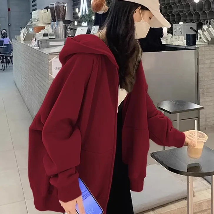 山东即墨酒红色加绒卫衣连帽拉链开衫外套女秋冬季宽松大码上衣潮