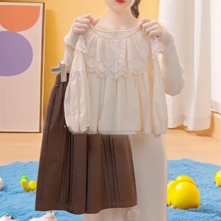 DP2025秋季新款儿童套装女童重工刺绣领衬衣阔腿裤洋气时髦两件套