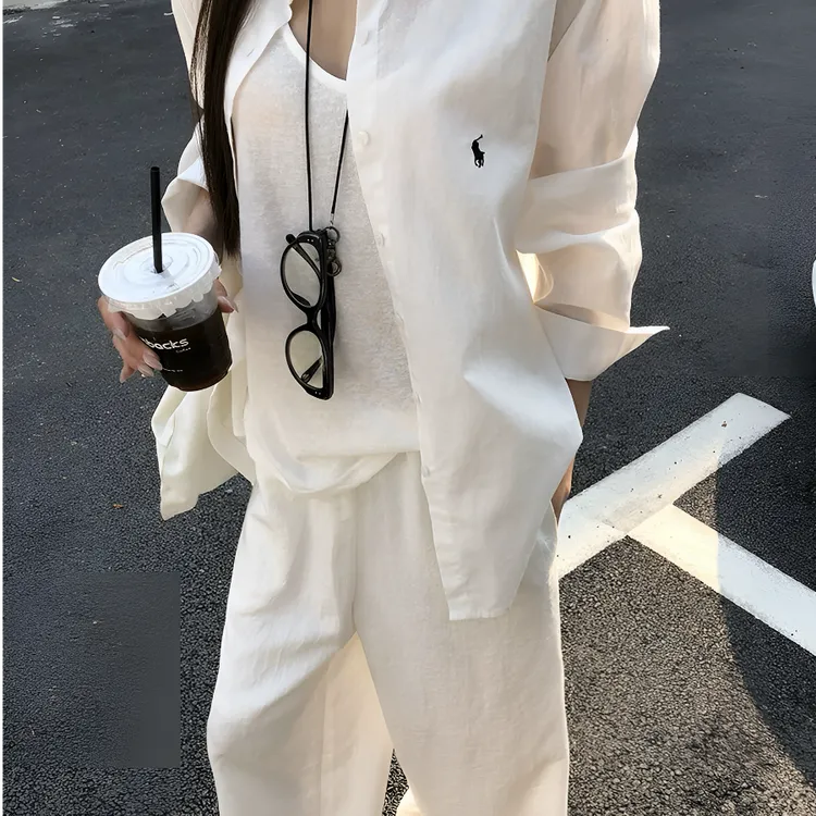 2025夏季时尚纯色休闲洋气宽松显瘦棉麻高级感轻薄衬衣套装25821
