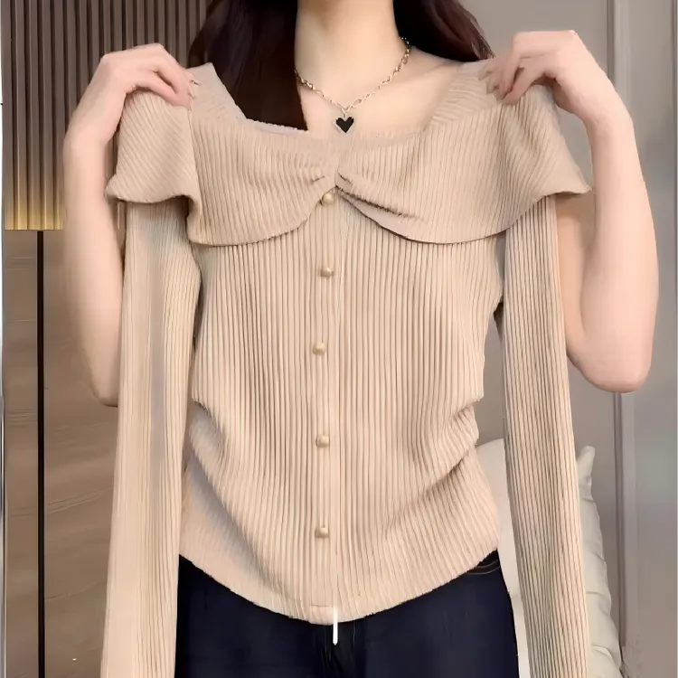 大码女装2025秋冬漂亮荷叶边方领长袖T恤女秋胖mm显瘦设计感上衣