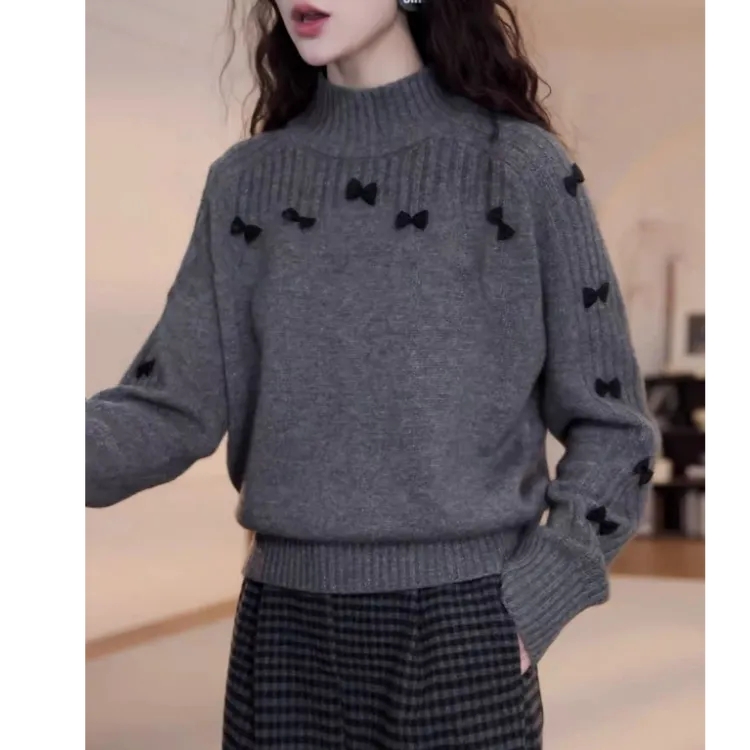 韩系小香风蝴蝶结灰色针织衫毛衣女早春新款别致绝美显瘦减龄上衣