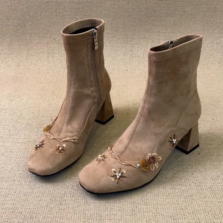 RubyL/5cm时尚气质磨砂闪片花朵百搭舒适侧拉链方头粗跟短靴女款