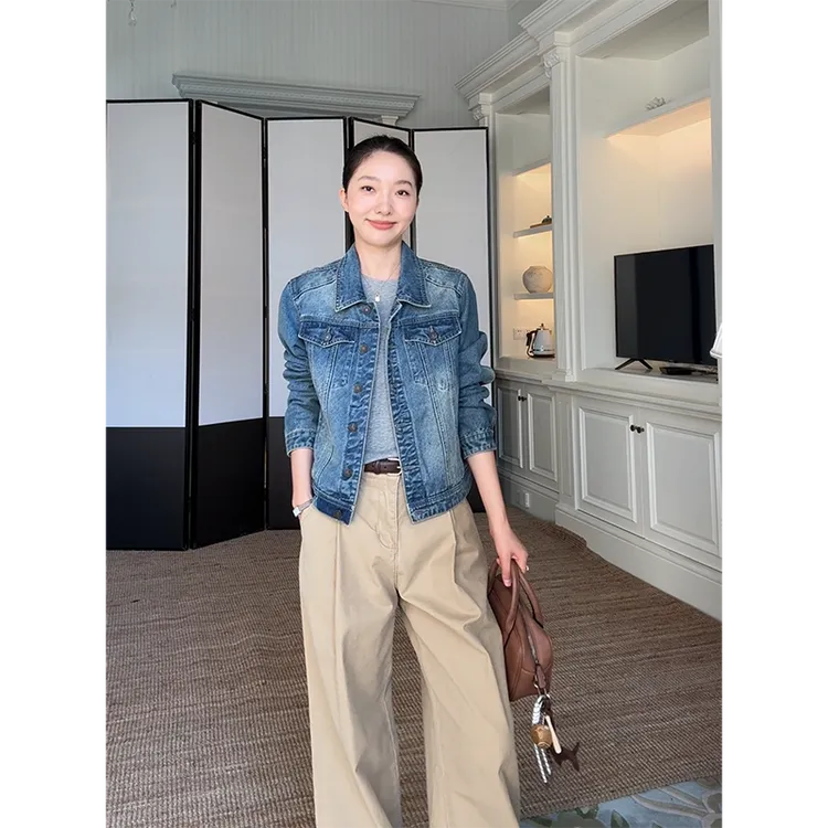 郭九九呢 棉美式复古休闲正肩水洗做旧显瘦牛仔短外套 G924Z10923