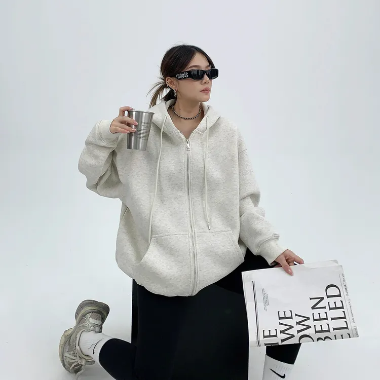 日系灰色连帽卫衣开衫宽松纯色休闲上衣运动美式拉链外套#Q2003