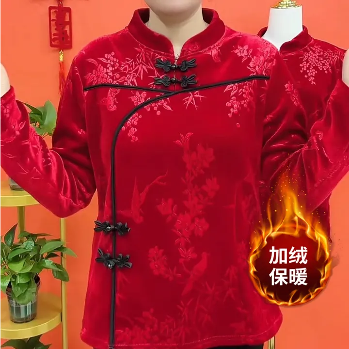 2025冬季新款时尚中年妈妈加绒加厚休闲衬衣新中式设计复古休闲衫