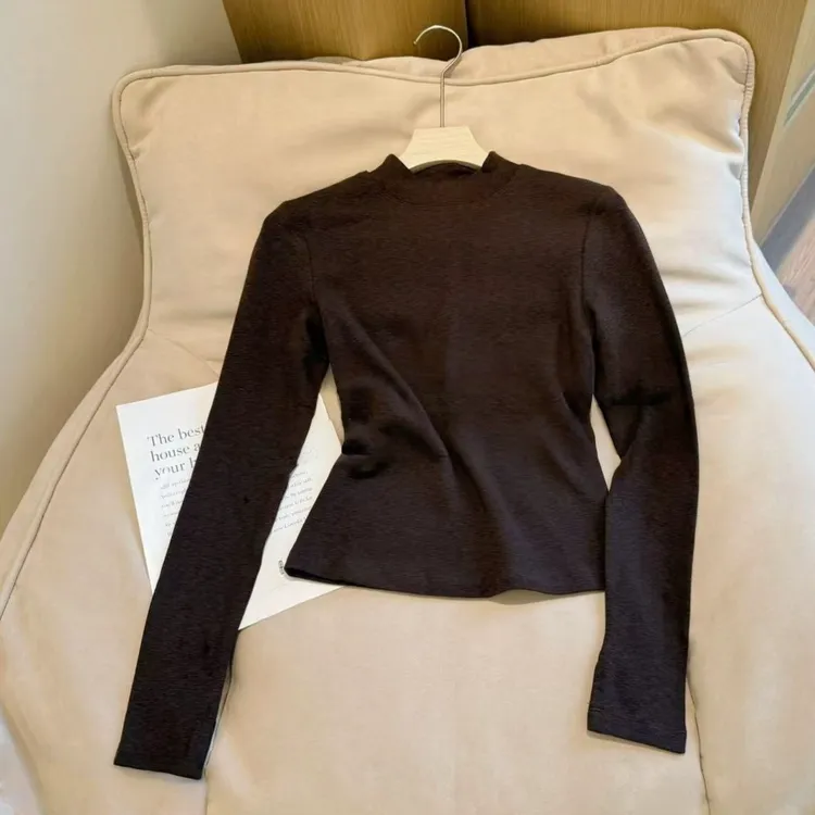 显瘦半领厚款保暖长袖打底上衣2025新款秋冬内搭时尚修身纯色T恤