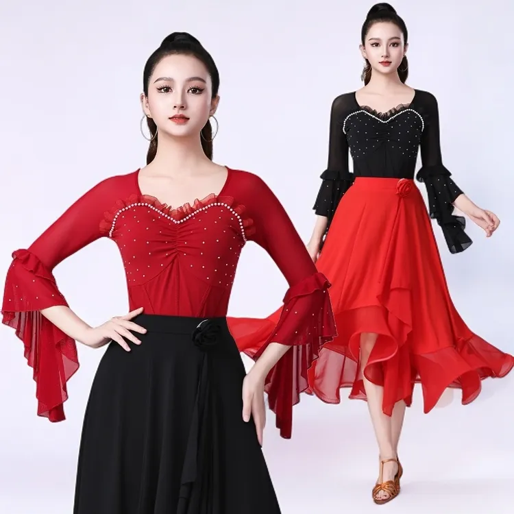 广场舞带胸垫拉丁舞连体上衣女带钻七分袖国标三步踩交谊舞跳舞服