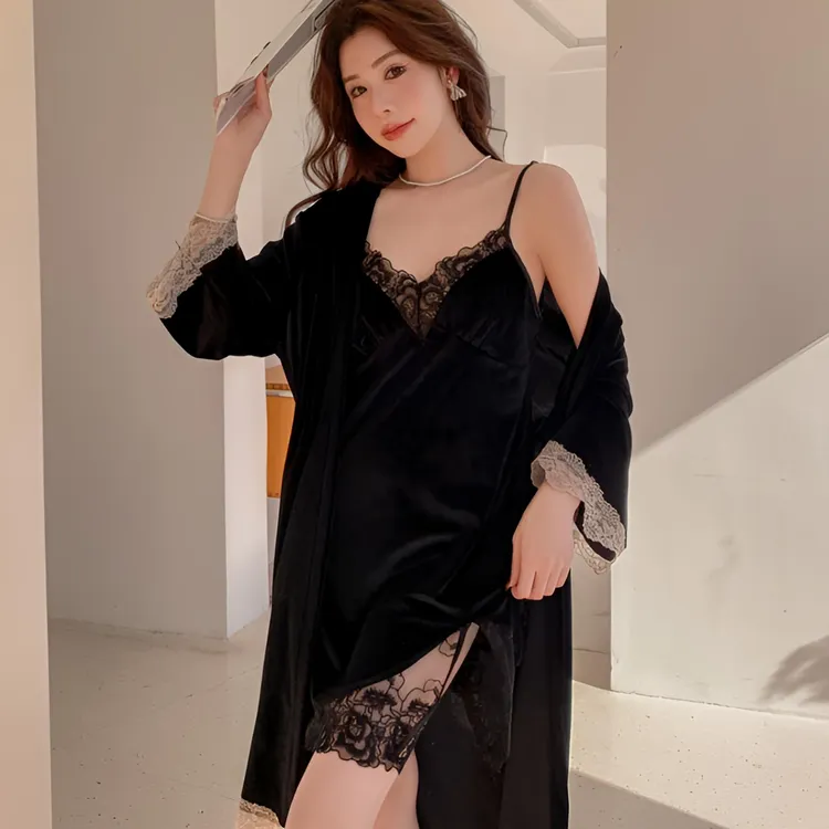 【莫奈】高级感秋冬金丝绒家居服韩版蕾丝性感两件套睡裙性感睡衣