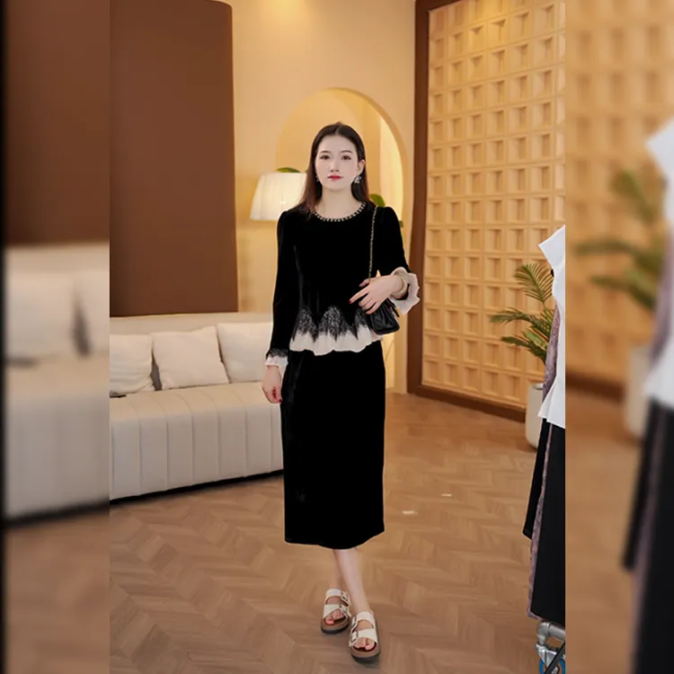 5517#连衣裙2025新款女秋今年流行爆款轻奢高级感假两件黑色长袖