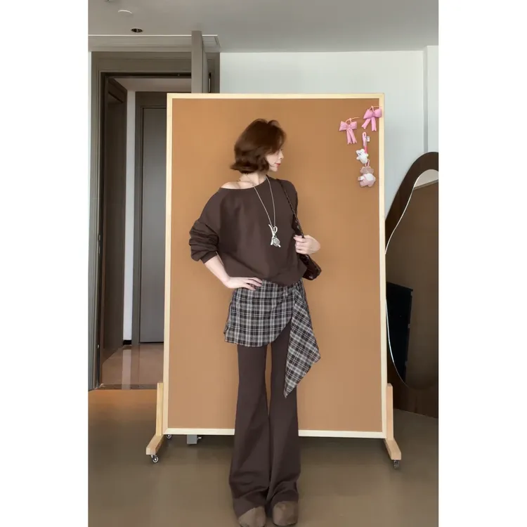 斜肩领长袖卫衣+设计感格子拼接修身长裤套装  81180