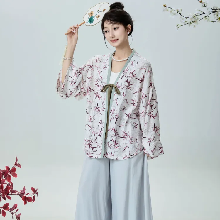 电影节杨幂同款竹叶印花褶皱原创汉服女夏新中式国风防晒衬衫外套