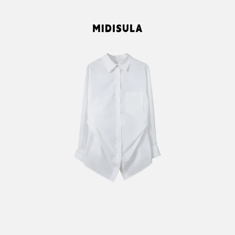 MDSL·韩版新款腰线褶皱显瘦宽松设计师款衬衫纯色百搭外套#0747