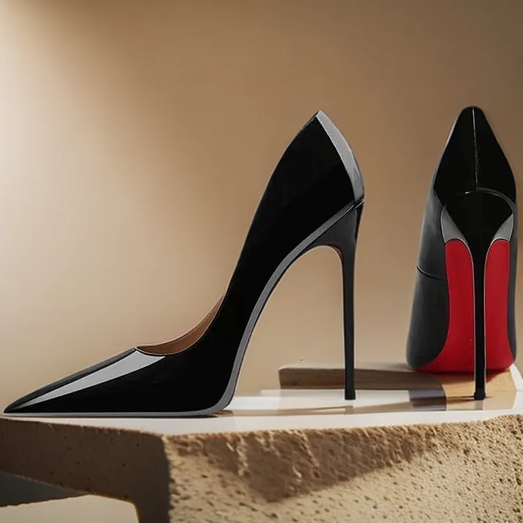 裸色红底高跟鞋女尖头春秋新款气质性感设计感专用漆皮黑色单鞋女