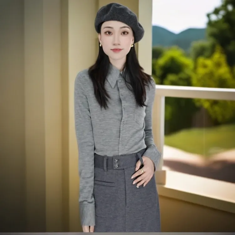 哥弟女装秋冬新款简约气质通勤时尚修身灰色羊毛长袖衬衫1301044