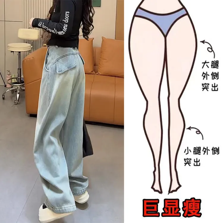 2025冬季美式加绒中线后斜兜设计阔腿百搭显瘦高腰弯刀拖地牛仔裤