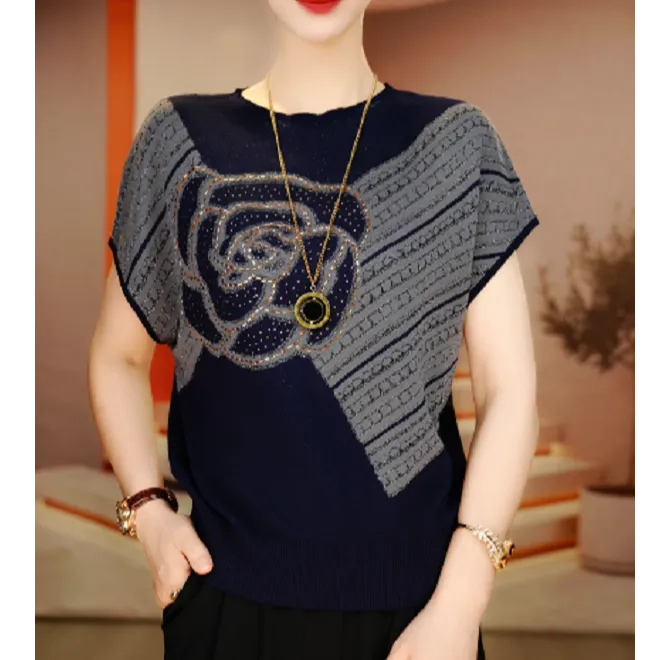 夏季针织短袖上衣舒适透气抗起球减龄气质时尚套头V25Q1054