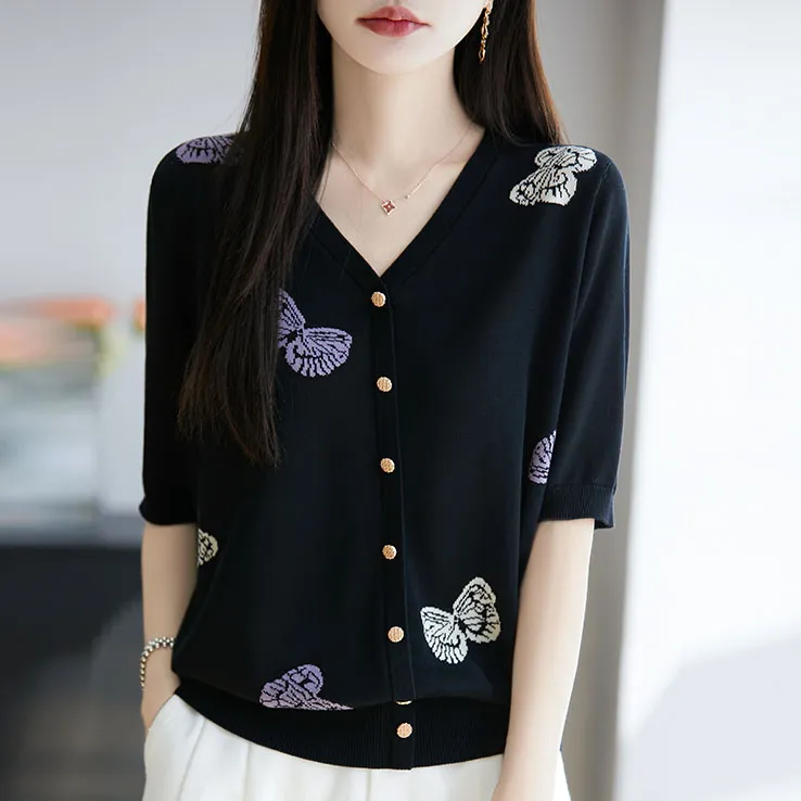 品牌夏季新款针织衫女V领小香风提花时尚百搭显瘦上衣