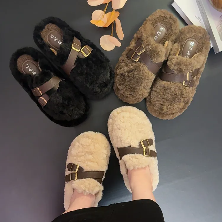 2025秋冬新款一脚蹬半拖交叉扣时尚舒适保暖毛毛拖鞋