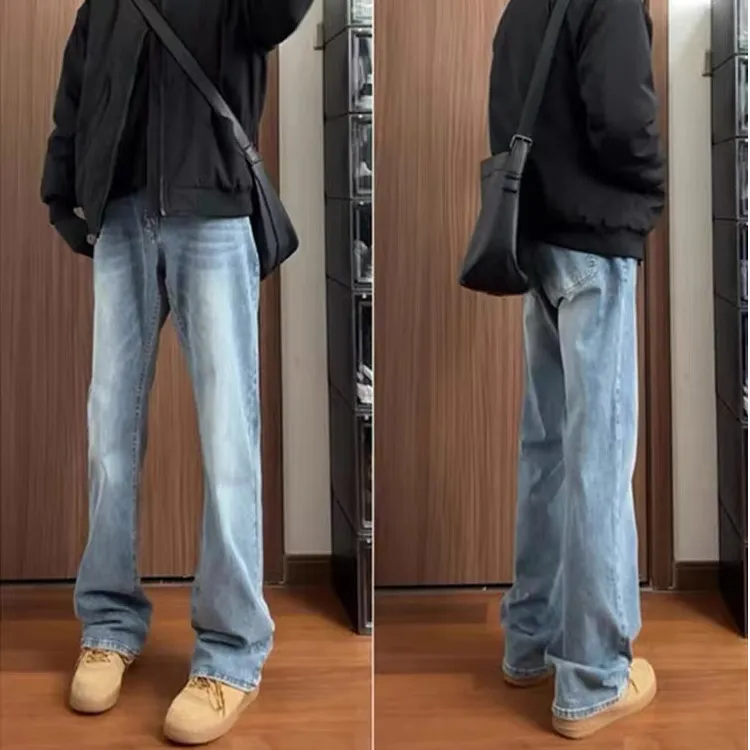 春秋美式浅蓝色牛仔裤男直筒高弹力情侣cleanfit高街潮流长裤子男