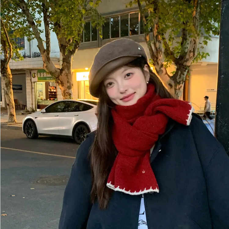2025秋冬季新款韩版百搭锁边新年针织红色围巾高级感加厚保暖围脖