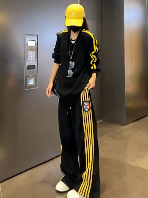 纯棉欧货炸街休闲运动服套装女春秋冬季宽松学生卫衣阔腿裤两件套