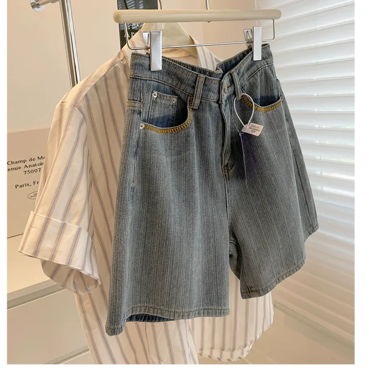 梨形身材复古牛仔短裤女夏大码女装胖mm高腰宽松显瘦阔腿五分中裤