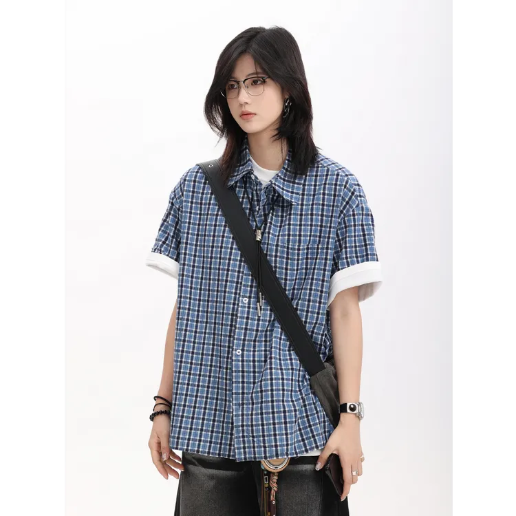 夏季男女日系衬衫翻领美式痞帅衬衣短袖宽松格子休闲复古ins帅气