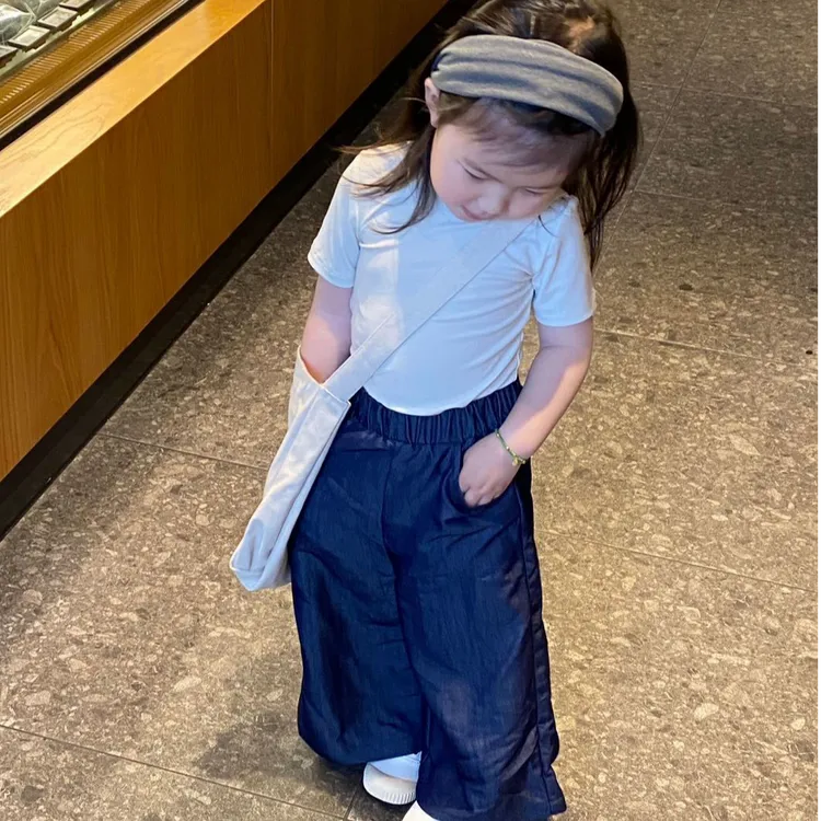 《小思家》女童2025夏季新款韩版简约百搭纯色短袖T阔腿休闲裤套装