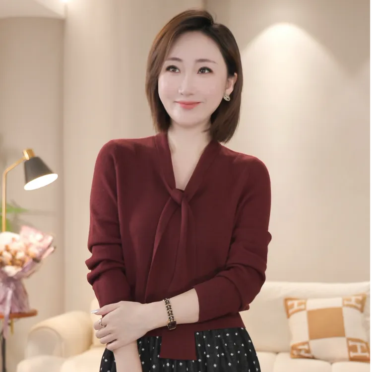 【双姐】秋季厚款百搭毛针织衫冬季女装拼接打底衫蝴蝶结JH1034