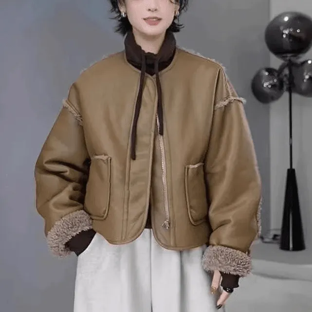 双面穿保暖长袖简约通勤厚款圆领短外套短款宽松