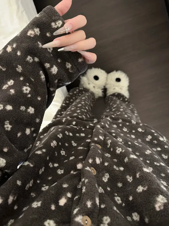 甜美德绒碎花开衫睡衣女2025冬季新款大码舒适亲肤家居服套装保暖